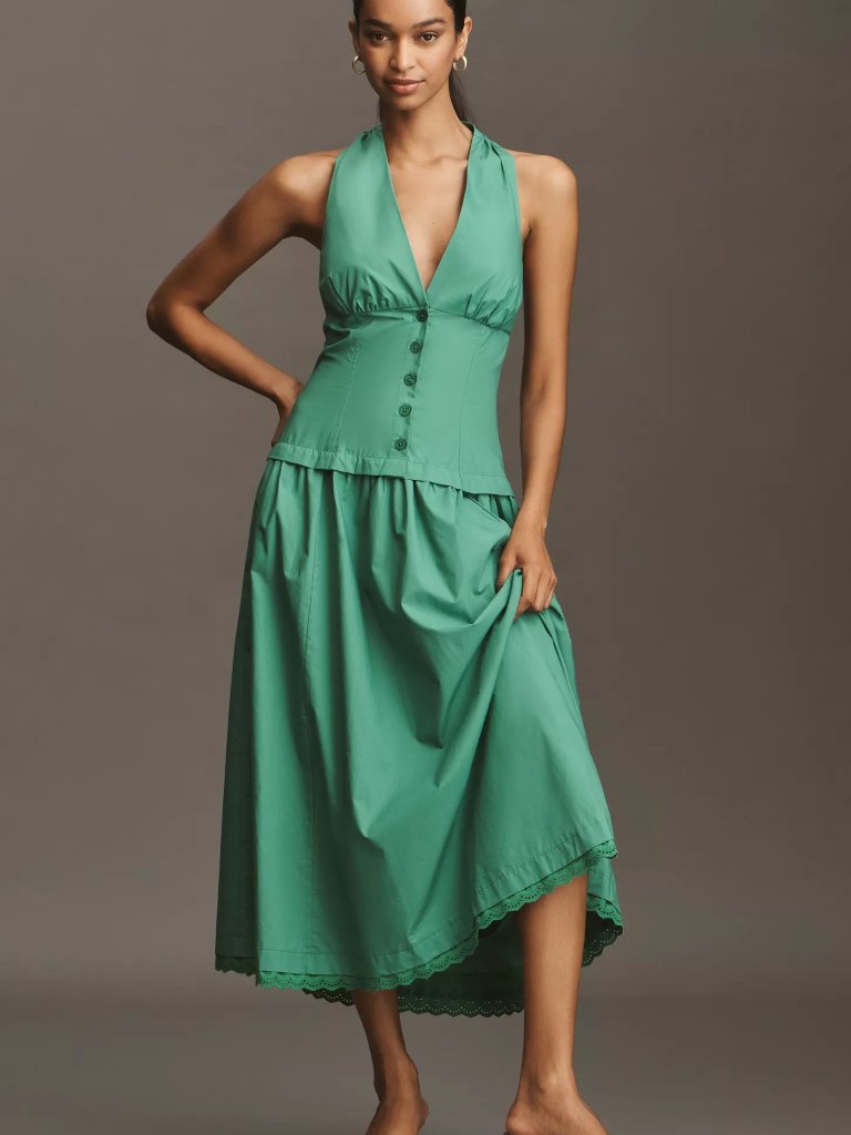Anthropologie Halter V-Neck Drop-Waist Midi Dress